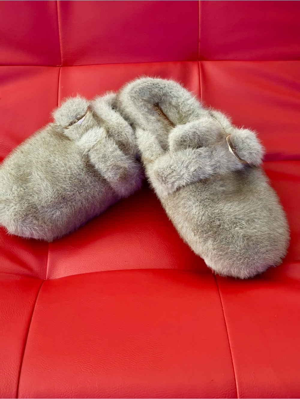 Steve Madden beige Faux Fur Buckle Mules